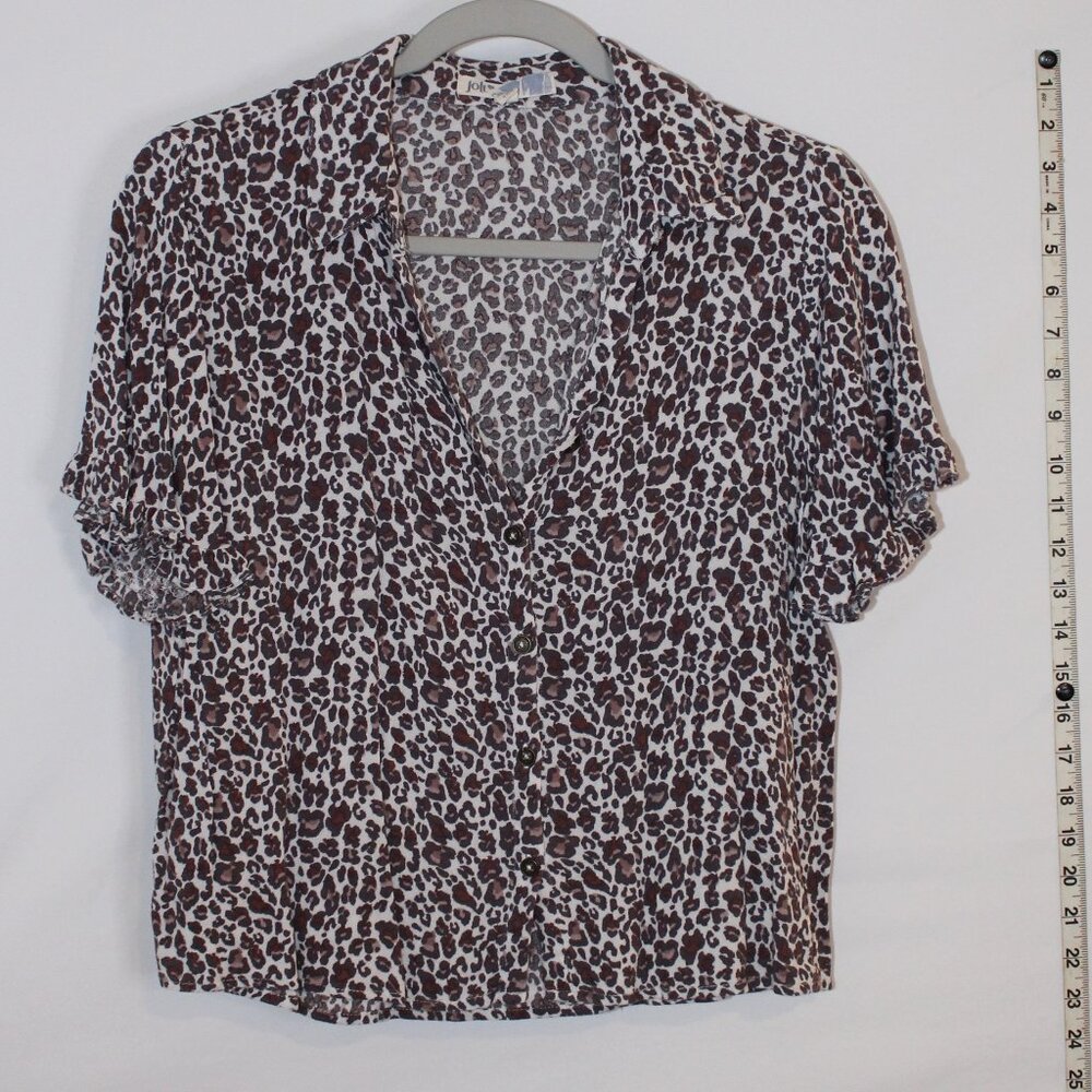 Jolt brown white leopard print short-sleeved collared v-neck button-up blouse M
